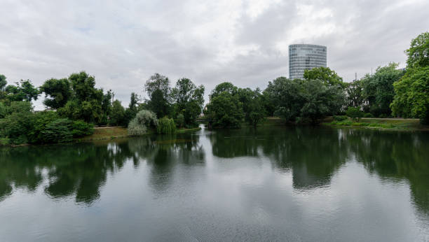istock Reflections of trees and cloudy sky in a lake 1541944087