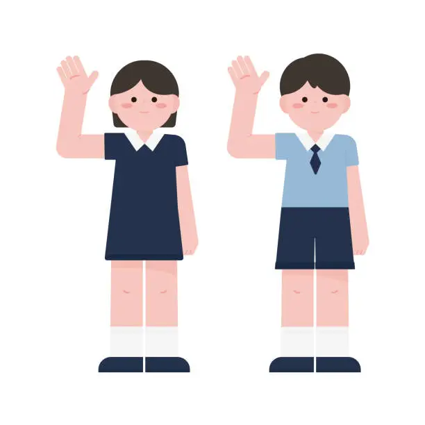 Vector illustration of boy and girl greeting with hands up