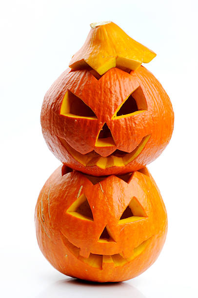 istock Two orange halloween pumpkins Jack O Lanterns 154196983