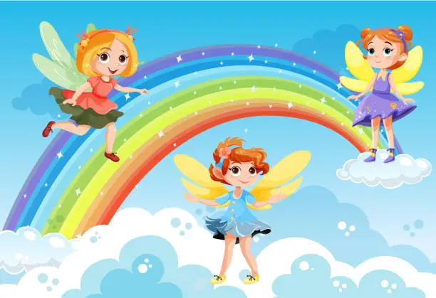 Vector illustration of Cute fantasy fairies cartoon character flying over rainbow