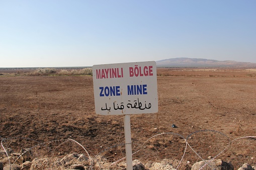 Minefield Danger Warning Sign Positioned along the Syrian-Turkish Borders.