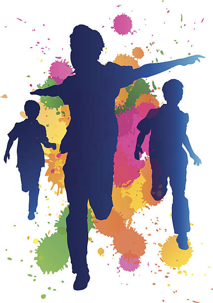 Young boys running against a paint splatter background EPS10 File. Transparencies are used in this vector illustration of young boys running against a paint splatter background.. Hi-res Jpeg, PNG and PDF files included. paint silhouettes stock illustrations
