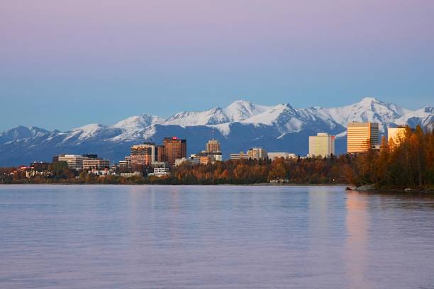 Anchorage Alaska in the Fall Evening view of Anchorage Alaska and Cook Inlet in the Fall chugach national forest photos stock pictures, royalty-free photos & images