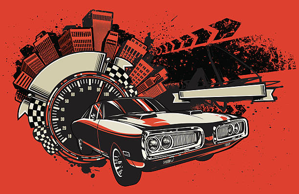 Charger Racing Design Vector illustration of a Charger bursting out of a distressed urban racing design with stylized city skyline background, blank banner, speedometer, graffiti splats and checkered flags - all on separate layers and individually grouped. Design contains no gradients and minimal colors. street racing stock illustrations