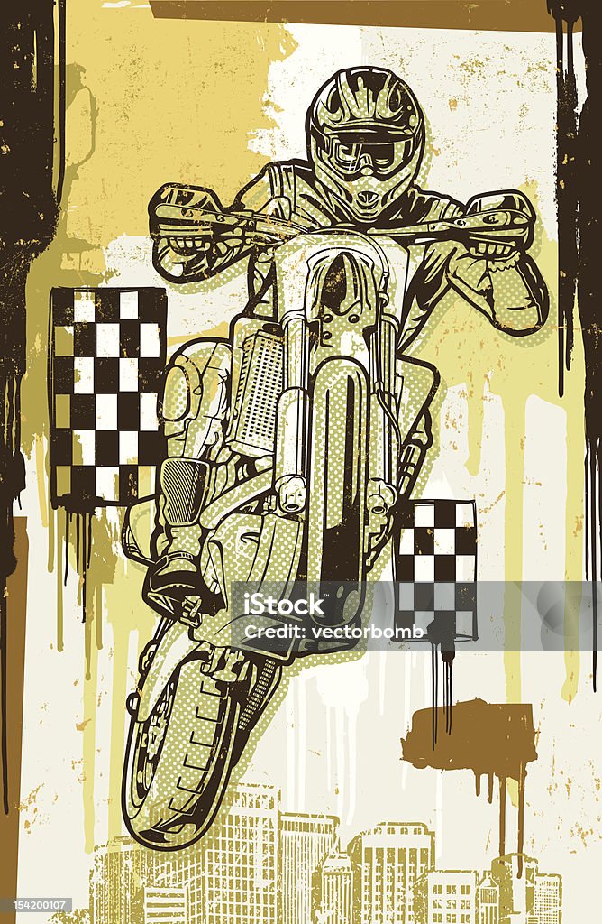 Motocross Motorcycle Racer: Halftone Paint Splatter Version Vector illustration of a motocross racer in mid-air over a distressed background with a grunge and paint splatter texture mix. All paint splatters/swashes are individually grouped on a separate layer from the rider, textures and background color. No gradients and minimal colors were used. Design is setup at 11.25" x 17.25". Motocross stock vector