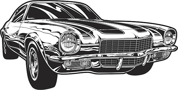 ilustrações de stock, clip art, desenhos animados e ícones de camaro de vetor: versão preto e branco - muscle car illustrations