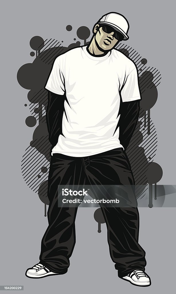 Male Hip-Hop Apparel Model: T-Shirt Pose Vector illustration of a young, male, urban hip-hop model posing with his hands behind his back. Model is wearing a white tshirt with a black long-sleeved shirt underneath, baggy black pants, a white ball cap and sunglasses, posing in front of graffiti design elements in the background. File is made with minimal global color swatches. Model and design elements are on separate layers. Alternate version with model not wearing sunglasses is also included. Portrait stock vector