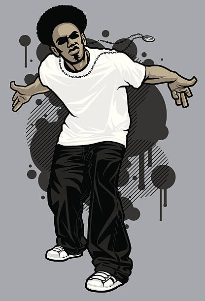 Male Hip-Hop Apparel Model: T-Shirt Pose Vector illustration of a young, male, urban hip-hop model posing with knees slightly bent and arms behind his back. Model is wearing a white tshirt, baggy black pants, white ball cap and silver medallion necklace, posing in front of graffiti design elements in the background. Necklace is grouped so that it can easily be removed. File is made with minimal global color swatches. Model and design elements are on separate layers. african american male model stock illustrations