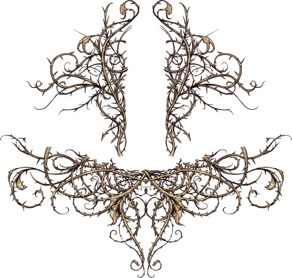 Vector set of two highly detailed thorny thicket design elements. These scroll ornaments are perfect for accents in backgrounds, crests, banners, etc. Each set is made of only three colors (outline, base color and shadow) and grouped.