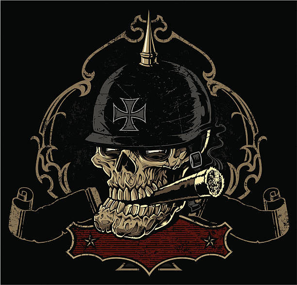 verzierte biker-schädel rockabilly-wappen - skull dirty insignia grunge stock-grafiken, -clipart, -cartoons und -symbole