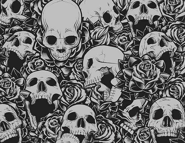 Skulls and Roses Background Vector illustration with several skulls at different angles swimming in a sea of detailed tattoo style roses. Great collection of individually grouped elements. tattoo designs stock illustrations