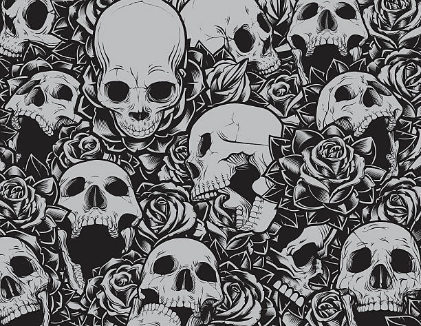 Skulls and Roses Background Vector illustration with several skulls at different angles swimming in a sea of detailed tattoo style roses. Great collection of individually grouped elements. skull patterns stock illustrations