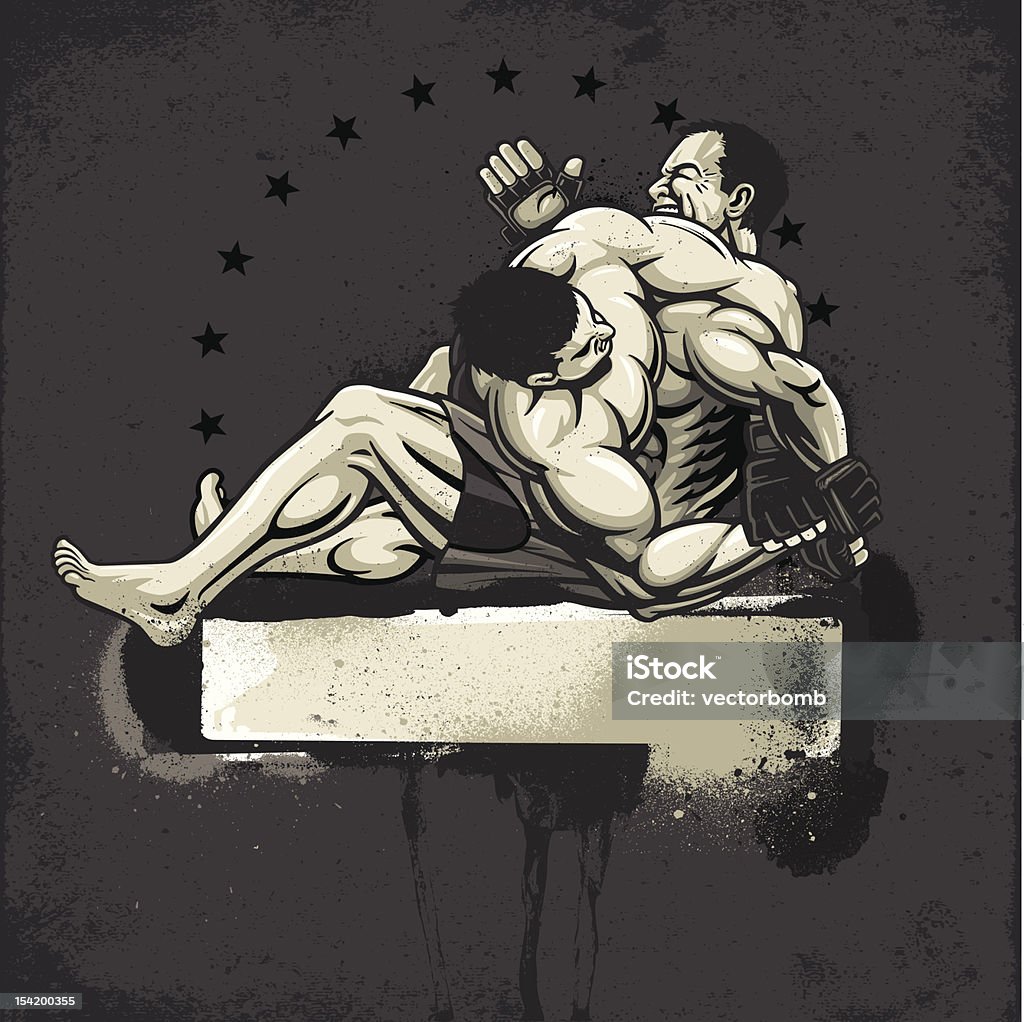 Brazilian Jiu Jitsu Fighters: Kimura Tap Out - Grunge Version Vector illustration of two MMA / Jiu Jitsu fighters battling. Top fighter performs a kimura submission as the bottom fighter taps out. Fighters battle over a distressed, empty grunge frame with spray painted graffiti style edges and dripping paint splatters and a ring of stars in the background. Fighters are grouped and on a separate layer. Wrestling stock vector