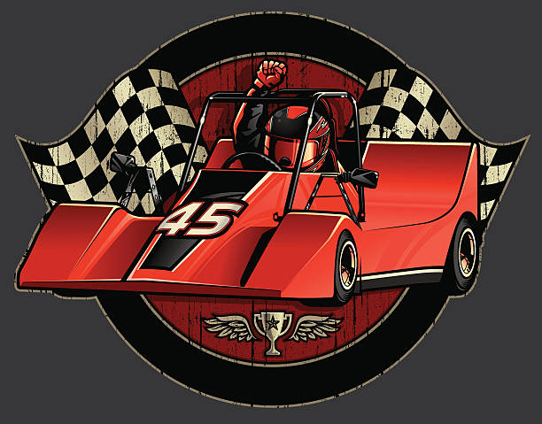 ilustraciones, imágenes clip art, dibujos animados e iconos de stock de carreras de go-kart champion con banderas de cuadros cresta - sport go cart go carting sports race