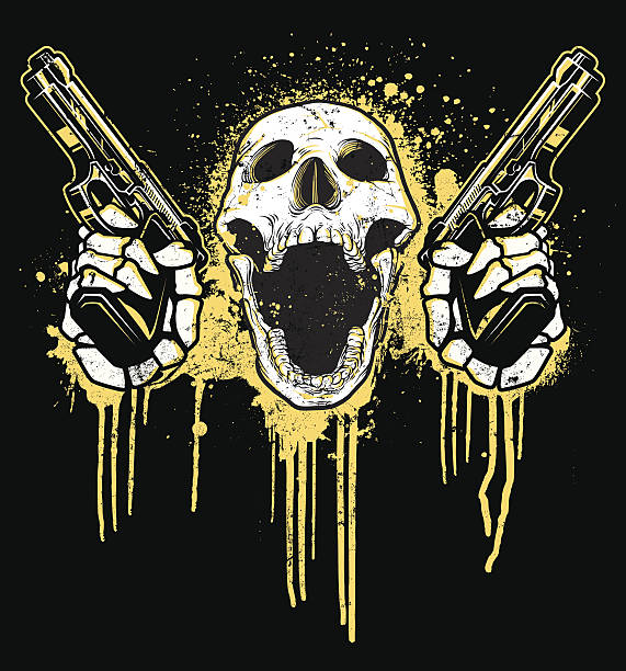 ilustraciones, imágenes clip art, dibujos animados e iconos de stock de pistola toting cráneo - skull holding spooky horror
