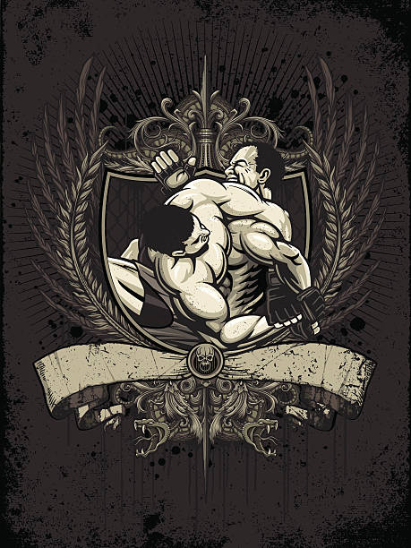 ilustraciones, imágenes clip art, dibujos animados e iconos de stock de brasileño jiu jitsu luchadores: kimura fuera heraldry versión de roscar - ultimate fighting