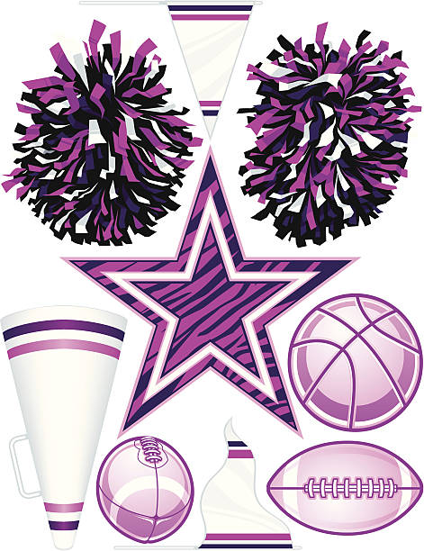 Vector Cheerleader Elements Collection of individually grouped vector cheerleading design elements including football (2views), basketball, pom-poms, pennant (2 views), megaphone, and zebra stripe star. Note, gradient mesh was used to create shading on the megaphone. megaphone patterns stock illustrations