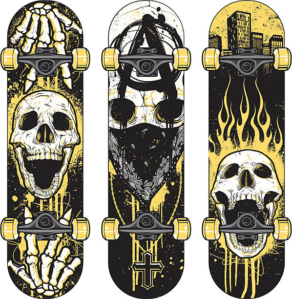 ilustrações, clipart, desenhos animados e ícones de conjunto de crânio tema de skates - símbolo da anarquia