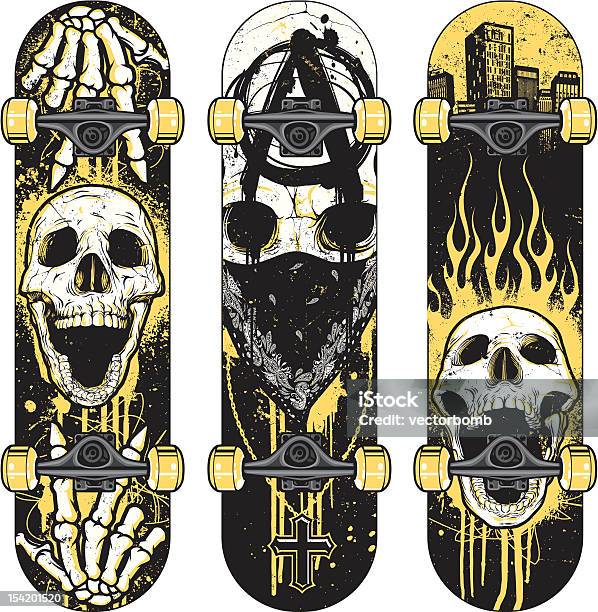 Set Of Skull Themed Skateboards Stock Illustration - Download Image Now - Skateboard, Graffiti, City