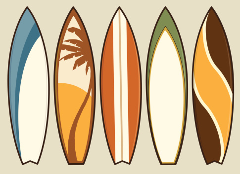 Vector illustration of a set of five surfboards with various retro designs and color schemes. Each surfboard has been grouped for easy editing.