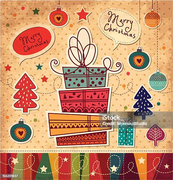 Retro Christmas Card With Greetings Presents And Trees Stock Illustration - Download Image Now