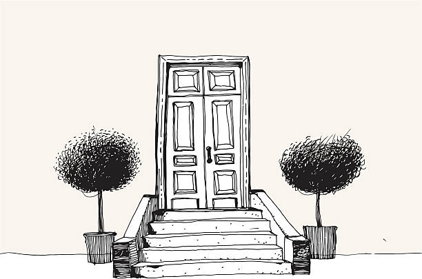 Home Entrance with trees Illustration of elegant entrance with two trees on both side of staircase. doorstep stock illustrations
