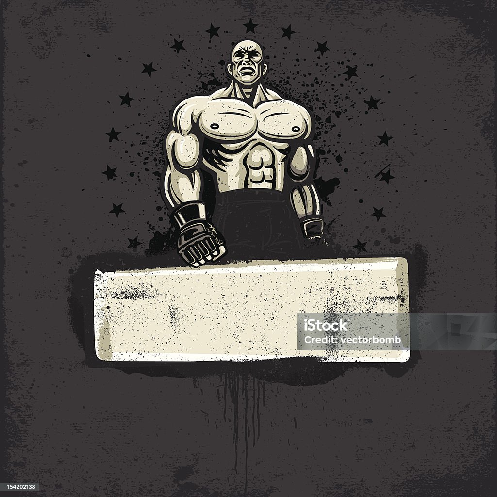 Ultimate Fighter - Standing Pose: Graffiti Grunge Banner Version Vector illustration of an ultimate fighter (mixed martial arts fighter) standing confidently awaiting his next opponent over a graffiti grunge banner framed with spray painted edges and dripping with paint. All textures are on separate layers. Athlete stock vector