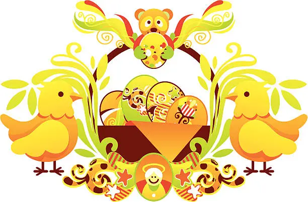 Vector illustration of Festive Easter Arrangement with chickens