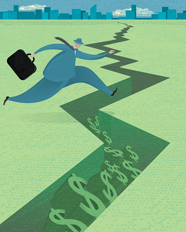Vector illustration of a stylized business man with briefcase jumping over a pitfall with dollar signs. Download includes Illustrator 10 eps with transparencies, high resolution jpg and png file.
