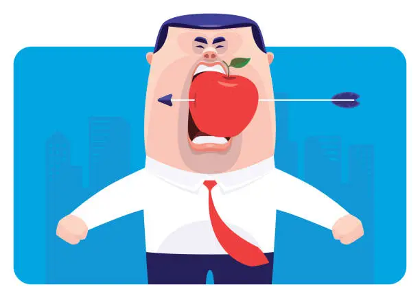 Vector illustration of angry businessman biting apple with arrow