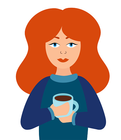 Woman is holding a cup of tea or coffee in her hands. The pleasure of a hot drink. Red hair girl. Vector flat illustration.