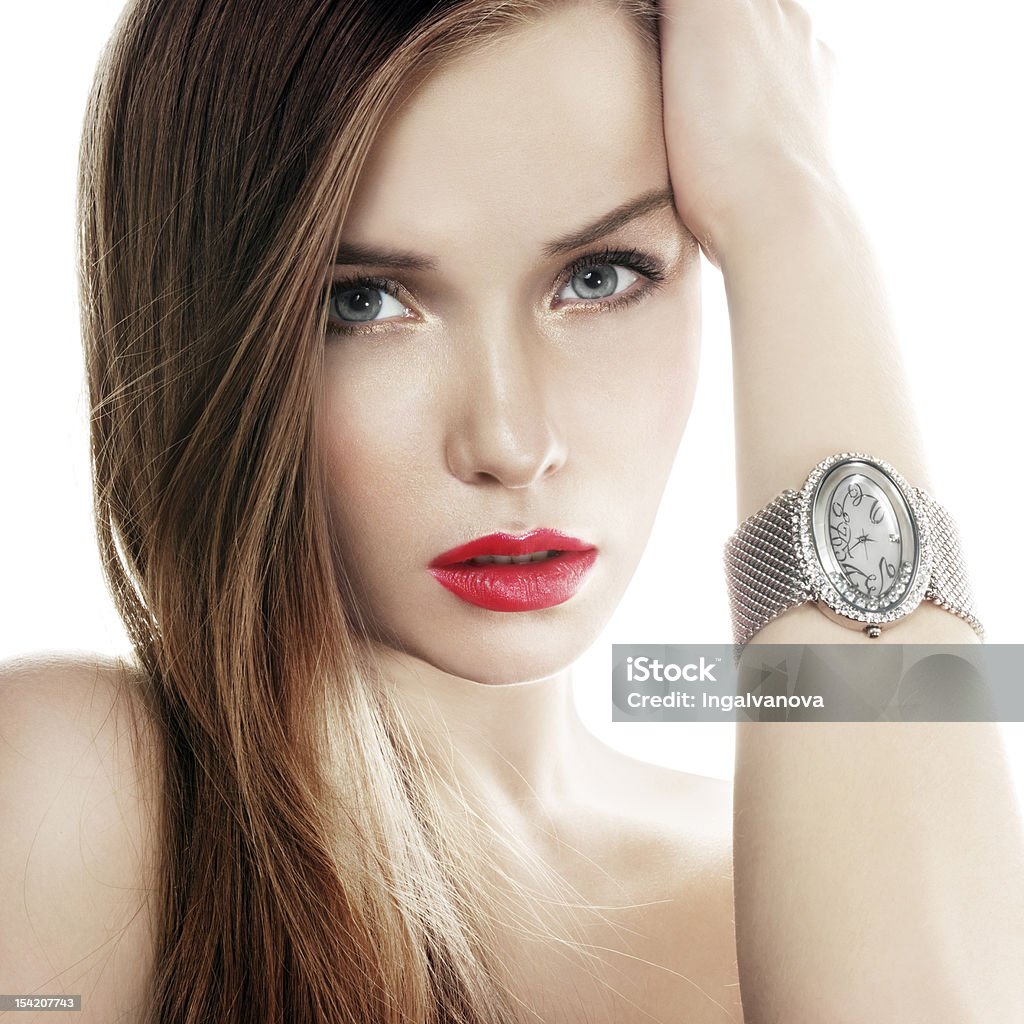 silver watch Beautiful woman and silver watch Adult Stock Photo