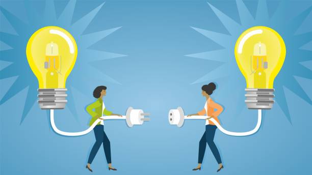 ilustrações de stock, clip art, desenhos animados e ícones de banner, connecting ideas, research and development. dimension 16:9. vector illustration. - electric plug electricity women power