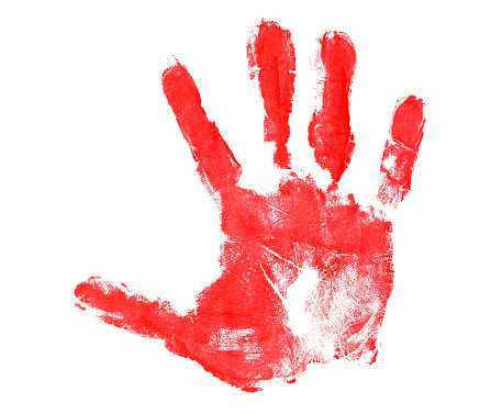 red hand print isolated on white background human palm and fingers