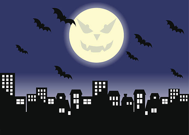 ilustraciones, imágenes clip art, dibujos animados e iconos de stock de moon de la noche de halloween horror - city night spooky skyline