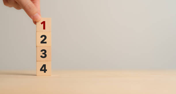 istock Task priority and management concept. The order of priority in any activity. Set work priority, arrange to do list. Wooden cube blocks with number first, second, third and fourth. 1542115014