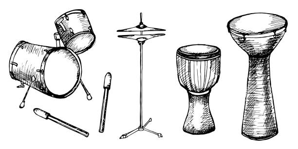 schlagzeug, drumsticks-vektorillustration isoliert. tinte für musikinstrumente handgezeichnet. perkussionsinstrument schwarz-weiße silhouette. designelement für flyer, live-konzertveranstaltungen, broschüre, plakat - cymbal drumstick music percussion instrument stock-grafiken, -clipart, -cartoons und -symbole