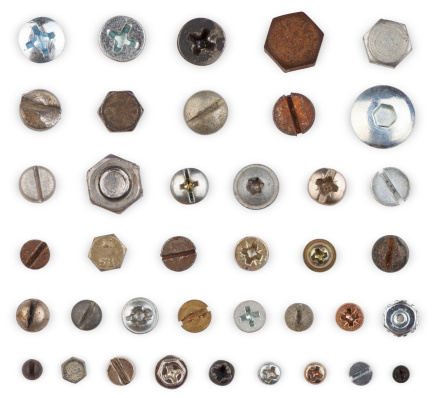 Screws and bolts in different sizes, shapes and conditions. Every one with individual clipping path.