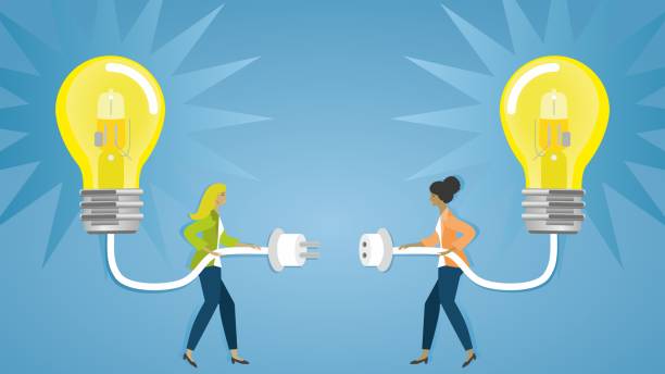 ilustrações de stock, clip art, desenhos animados e ícones de banner, connecting ideas, research and development. dimension 16:9. vector illustration. - electric plug electricity women power
