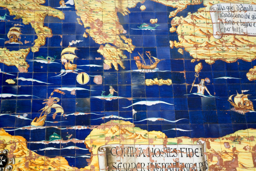 Map illustrating mythological Mediterranean Sea along the walls of Amalfi, Italy