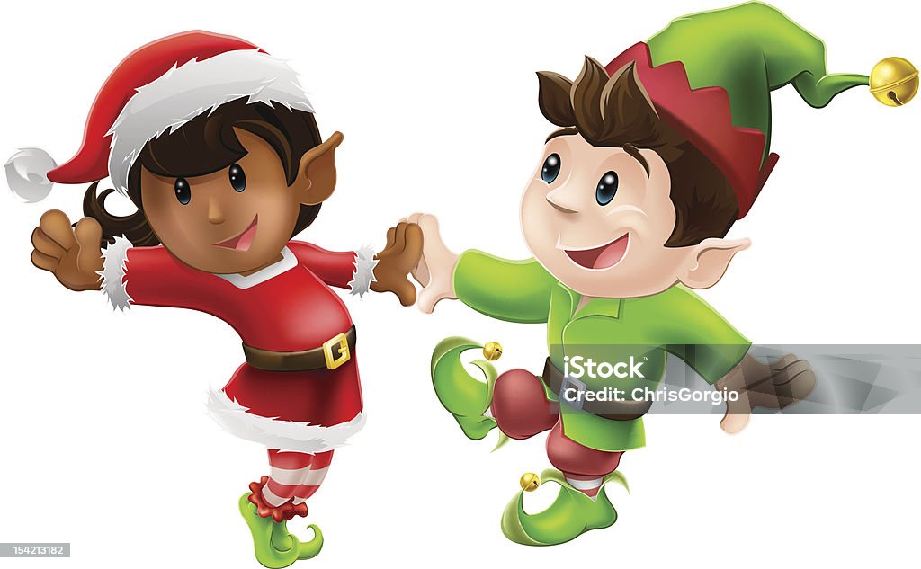 Christmas Elves Dancing Two happy Christmas elves enjoying a Christmas dance in Santa outfit and elf clothes. Vector file is eps 10 and uses transparency blends and gradient mesh Christmas stock vector