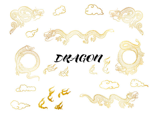 illustrations, cliparts, dessins animés et icônes de ensemble d’illustrations de dragons et de nuages en or étincelant dessinés à la main - fire illustration and painting dragon art