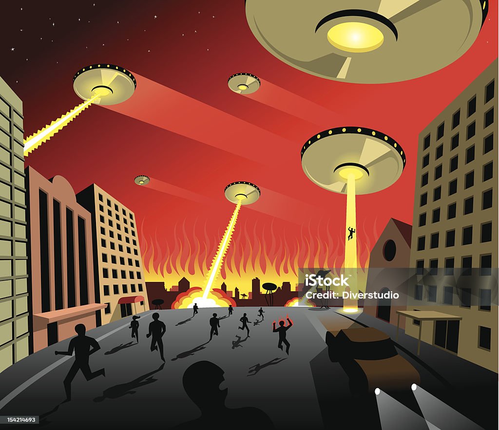 UFO di attacchi terra con persone che attraversano la strada - arte vettoriale royalty-free di UFO