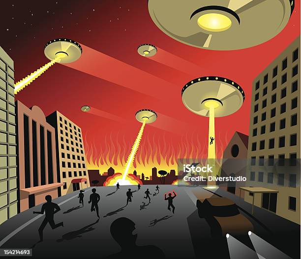 Нлоs Атакующий Земли С Человек Бег На Улице — стоковая векторная графика и другие изображения на тему НЛО - НЛО, Пришелец, Бегать