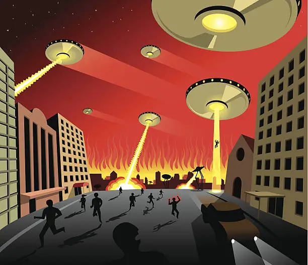Vector illustration of UFO's Attacking Earth With People Running Through Street
