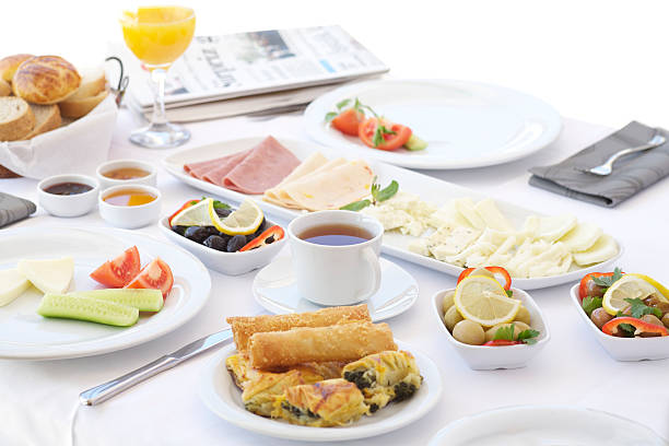 istock Breakfast table with tea and orange juice 154215266