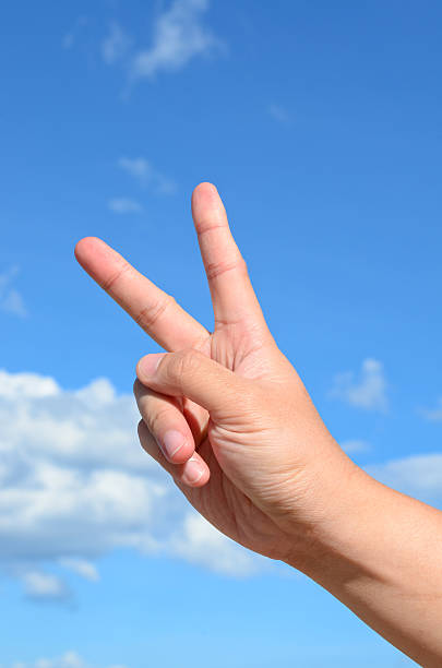 istock Two finger of human hand on blue sky background 154215694