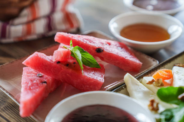 Sliced Watermelon fruits served with breakfast. Healthy breakfast concept.