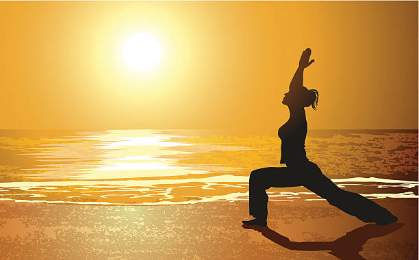 Woman doing yoga in the beach at sunrise Yoga. File EPS(10), illustration contains transparency effects in the background yoga stock illustrations