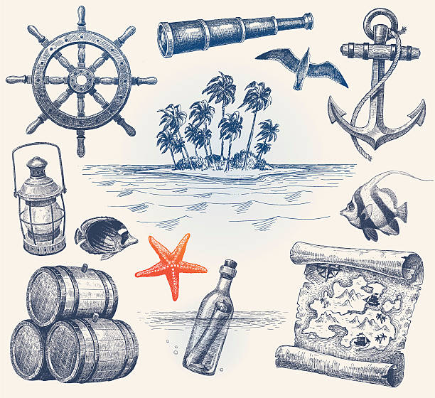 travel and adventures hand drawn vector set - denizyıldızı illüstrasyonlar stock illustrations